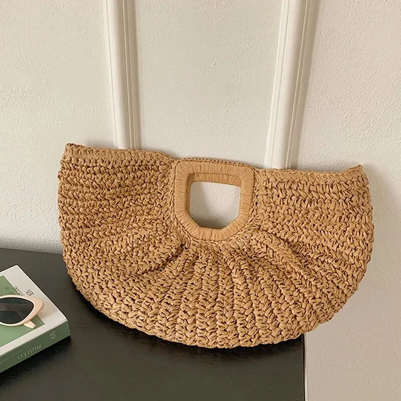 Sommer Stroh-Halfmoon-Handtasche für Damen – Handgefertigte Rattan-Tasche im Strandstil, Modisches Strick-Design