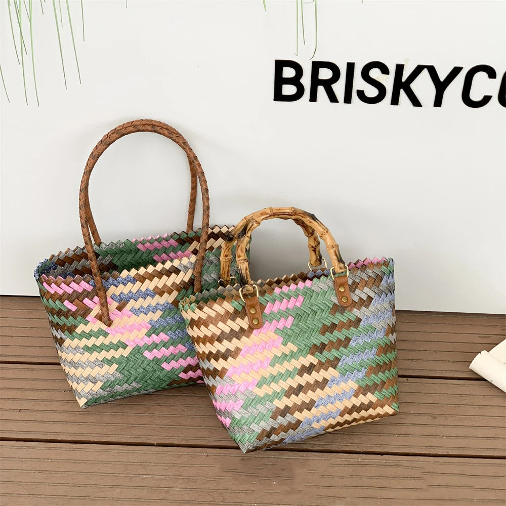 Retro Imitation Rattan Woven Bag – Boho Handtasche für Damen, Sommer Strand Tasche mit großer Kapazität