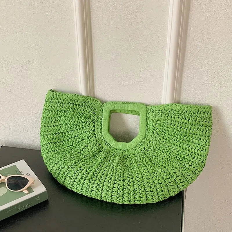 Sommer Stroh-Halfmoon-Handtasche für Damen – Handgefertigte Rattan-Tasche im Strandstil, Modisches Strick-Design