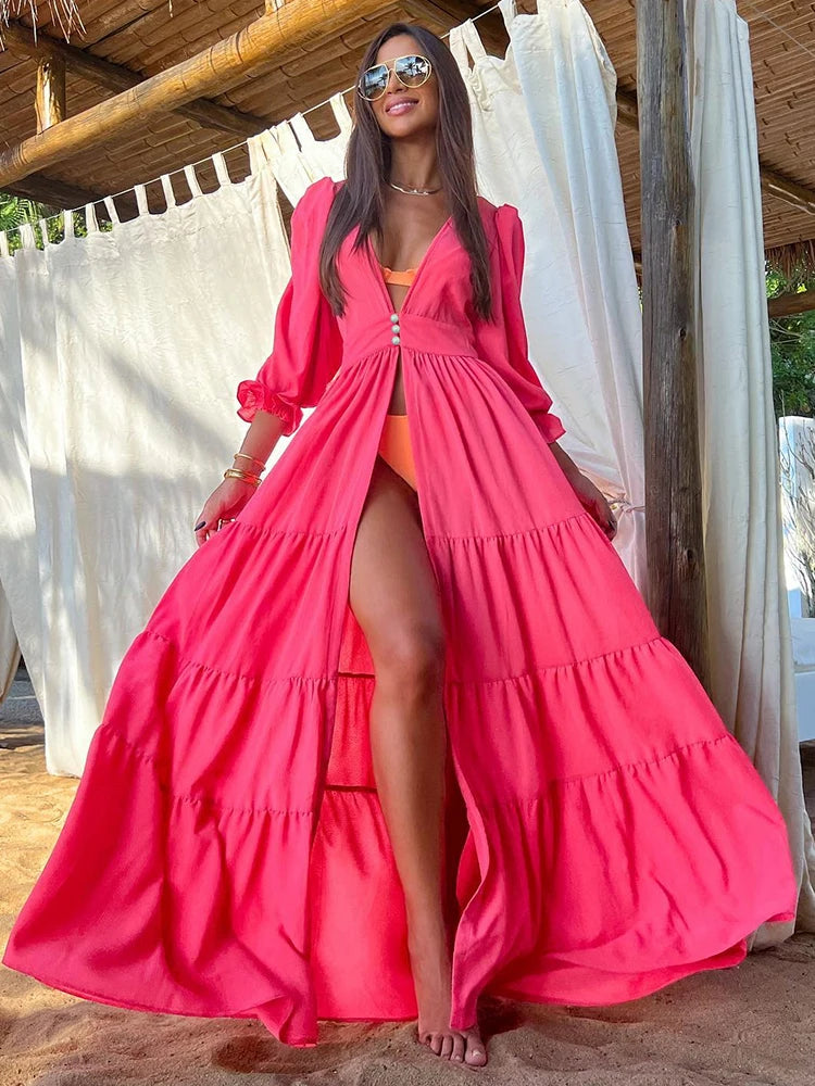 Bikini Beach Cover-Up Tunika mit Blätterdruck – Lange Kaftan Sarong Badeanzug Bedeckung für den Strand