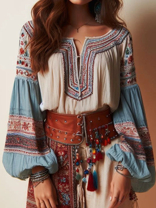 Boho Lantern Sleeve Bluse mit Blumenmuster und Kordelzug – Ethno-Stil für Damen, Perfekt für Frühling, Sommer & Herbst