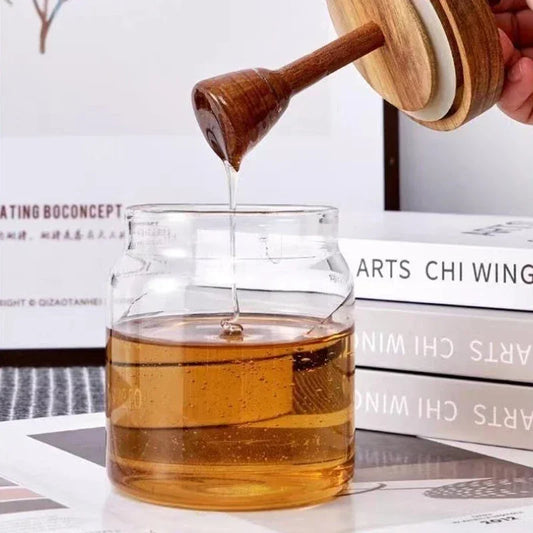 Honigtopf aus Borosilikatglas mit Holzdeckel und Mischstab – Transparenter Honigtank für Küche und Aufbewahrung