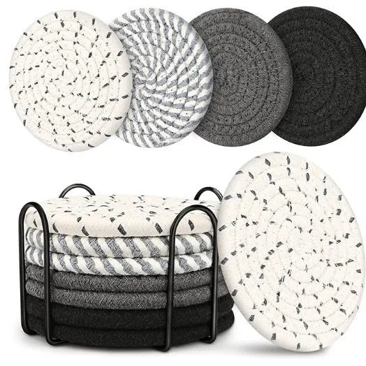 8er-Set Absorbierende Untersetzer für Getränke mit Halter – Minimalistische Baumwollgewebte Coaster für Tischdekoration im Boho-Stil
