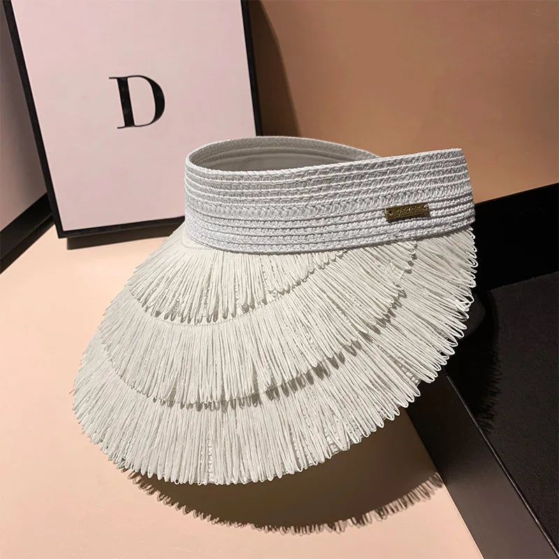 Designer Strohhut für Damen mit Fransen – UV-Schutz, Sommerlicher Beach Hat für Outdoor und Sonne