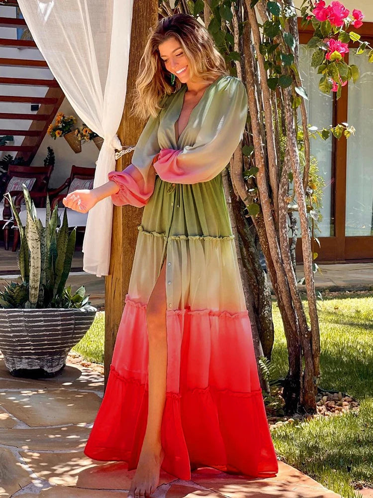 Bikini Beach Cover-Up Tunika mit Blätterdruck – Lange Kaftan Sarong Badeanzug Bedeckung für den Strand