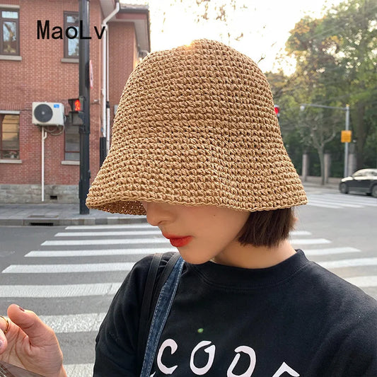 Stilvoller Koreanischer Strohhut für Damen – Sommerlicher Bucket Hat im Panama-Stil mit Visor und Handgewebtem Design