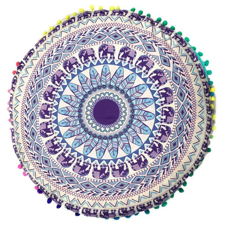 Runder Mandala Kissenbezug – Boho Stil Pouf Kissenhülle im Indianischen Design für Bodenpillow und Dekoration