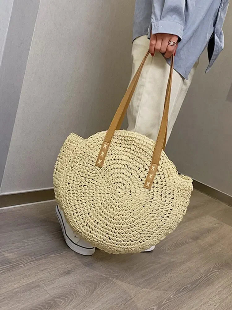 Runde Strohtasche Boho Stil – Handgefertigte Woven Schultertasche aus Rattan für Sommer & Urlaub