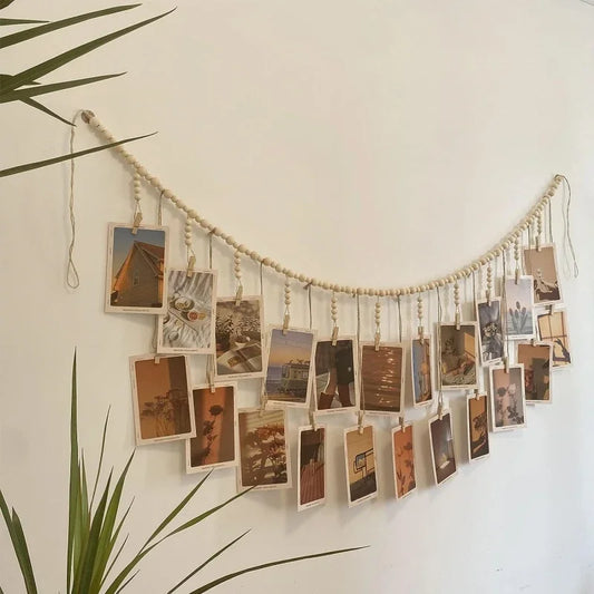 Boho Fotodisplay Wandbehang aus Holzperlen – Macrame-Teppich für Heimdekoration, Ästhetische Wandkunst & Einzigartige Geschenkidee