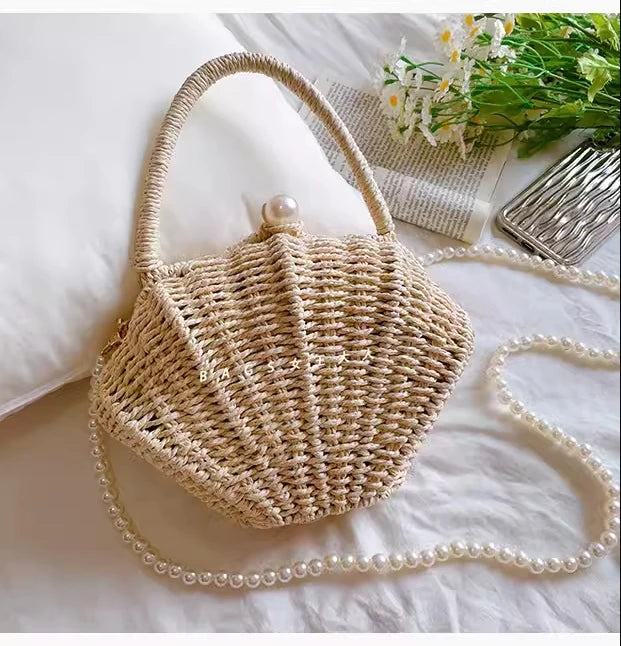 Muschel-förmige Rattan Woven Umhängetasche – Kleine Strohtasche für Strandurlaub und Freizeit