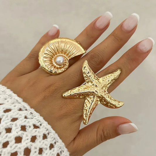 Exaggerierter Großer Goldfarbener Sternfisch-Muschel-Ring – Boho Geometrischer Paar-Ring für Damen & Herren