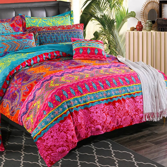 Boho Exotisches Blumen Bettwäscheset – Farbige Vintage Streifen und Geometrisches Muster Duvet Cover Set für Luxus und Komfort