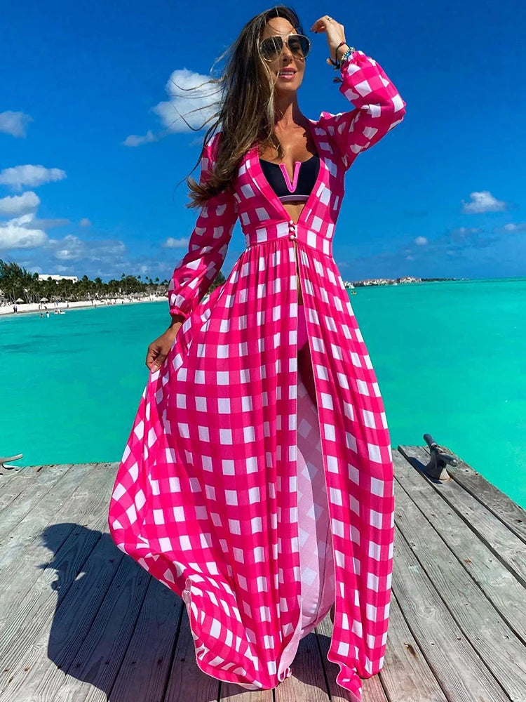Bikini Beach Cover-Up Tunika mit Blätterdruck – Lange Kaftan Sarong Badeanzug Bedeckung für den Strand