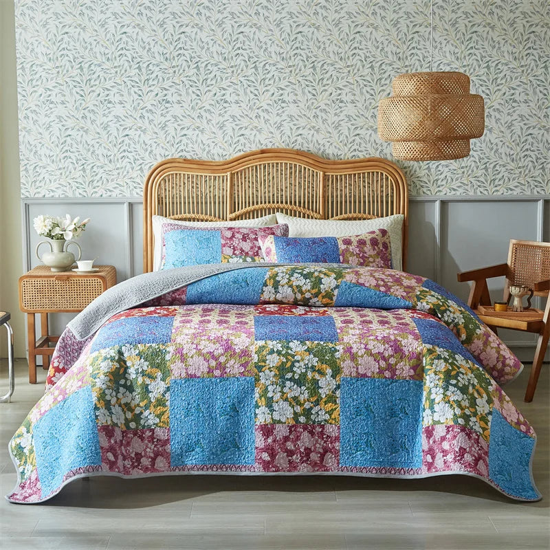 Boho Floral Patchwork Bettdecken-Set – Reversible Soft Bedding für Alle Jahreszeiten, Farmhouse & Garten Stil