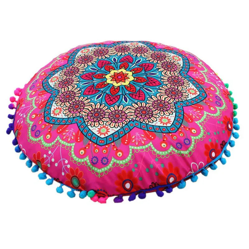 Runder Mandala Kissenbezug – Boho Stil Pouf Kissenhülle im Indianischen Design für Bodenpillow und Dekoration