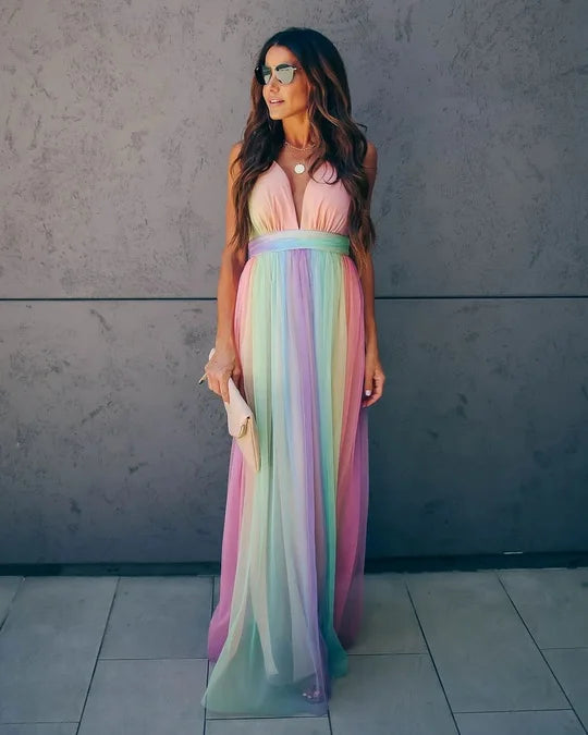 Sexy Deep V-Neck Rainbow Mesh Dress für Frauen – High Waist Sling Sommerkleid für Strand & Streetwear
