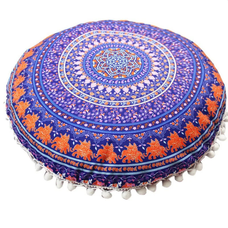 Runder Mandala Kissenbezug – Boho Stil Pouf Kissenhülle im Indianischen Design für Bodenpillow und Dekoration