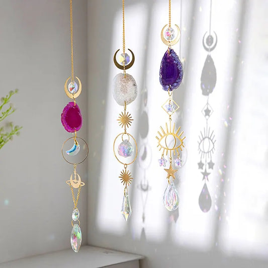 1 Stück Agate Raw Stone Crystal Wandhänger – Sonne, Augen, Sterne und Mond Anhänger, Dekoration für Zuhause und Garten Sonneneinfänger