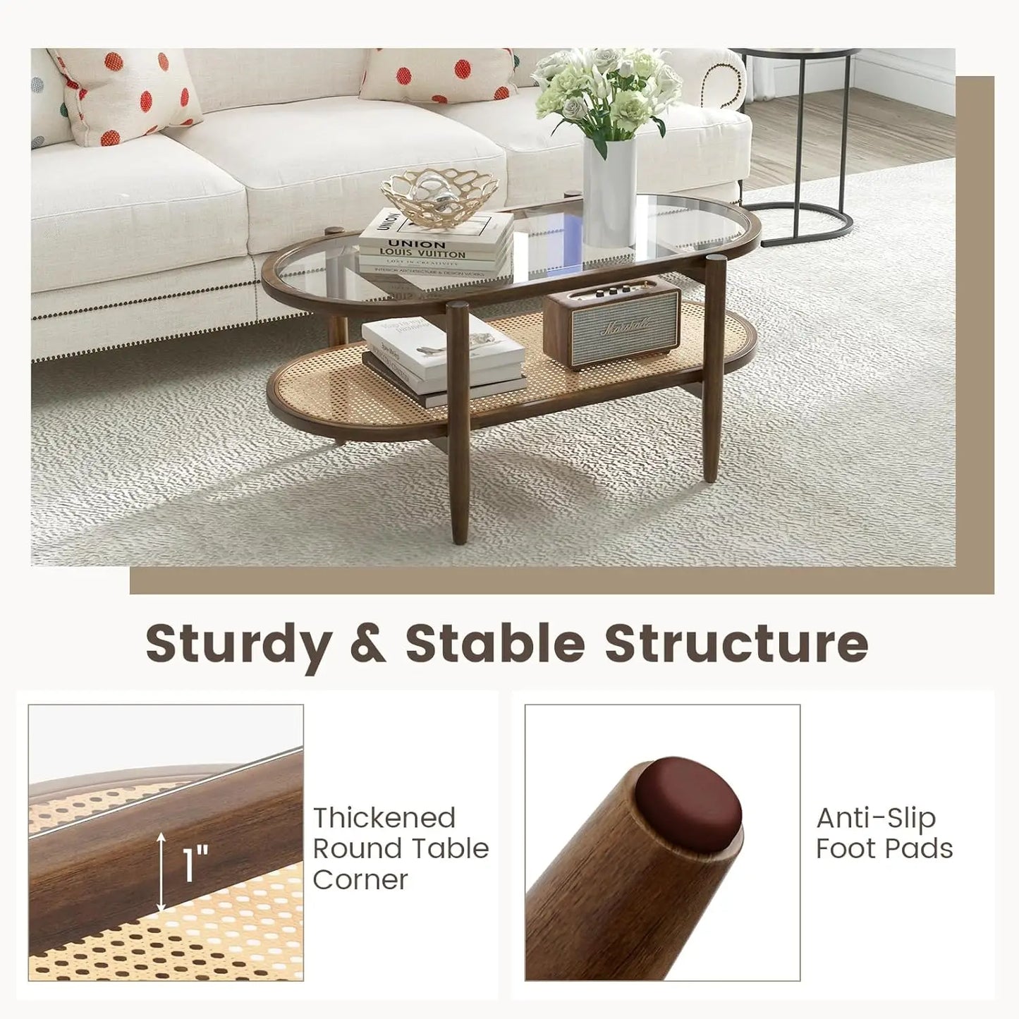 Boho Rattan Kaffeetisch, 40”L Ovaler Akazienholz Cocktailtisch mit Temperierter Glasplatte & PE Rattan Aufbewahrung, 2-Ebenen Design