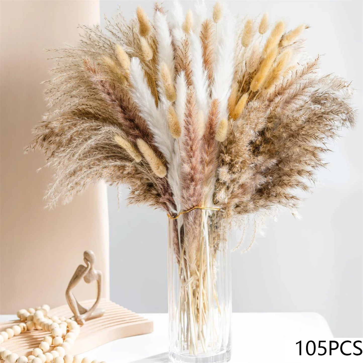 105-teiliges Set Natürliche Trockenblumen Pampasstrauß Boho Landhaus Deko, Kaninchen-Schwanzgras, Schilfrohr für Hochzeiten und Heimdekoration