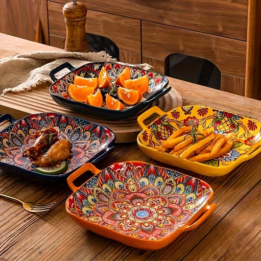 Boho Keramik Servierteller 23 cm – Florales Sushi-, Salat- & Abendessen Geschirr, Mikrowellen- & Spülmaschinenfest