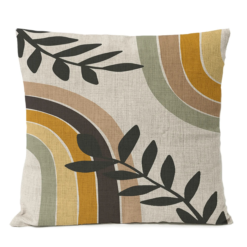 Boho Leaf Monstera Rainbow Sun Kissenbezug – Geometrisches Nordic Design für Ihr Zuhause