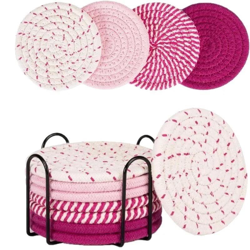8er-Set Absorbierende Untersetzer für Getränke mit Halter – Minimalistische Baumwollgewebte Coaster für Tischdekoration im Boho-Stil