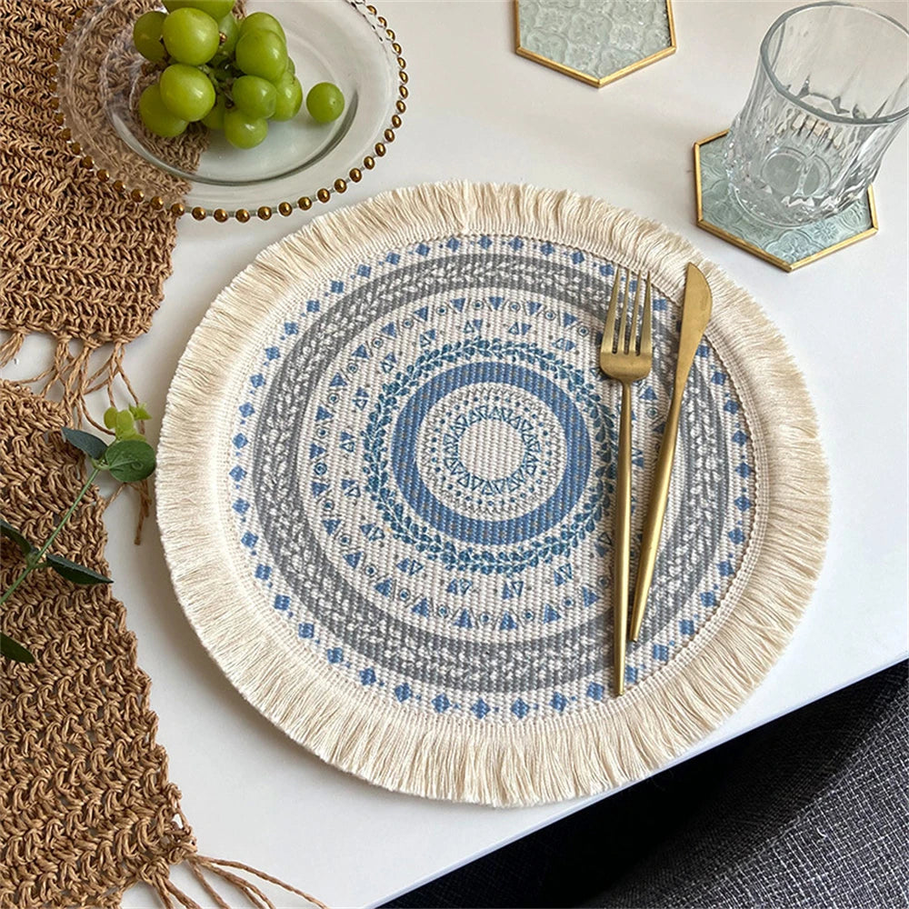 Boho Runde Tischmatte – Handgewebte Leinen-Tassel-Platzmatte mit Stickerei, Rutschfest, Isolierend, für Esszimmer und Küchen Dekoration