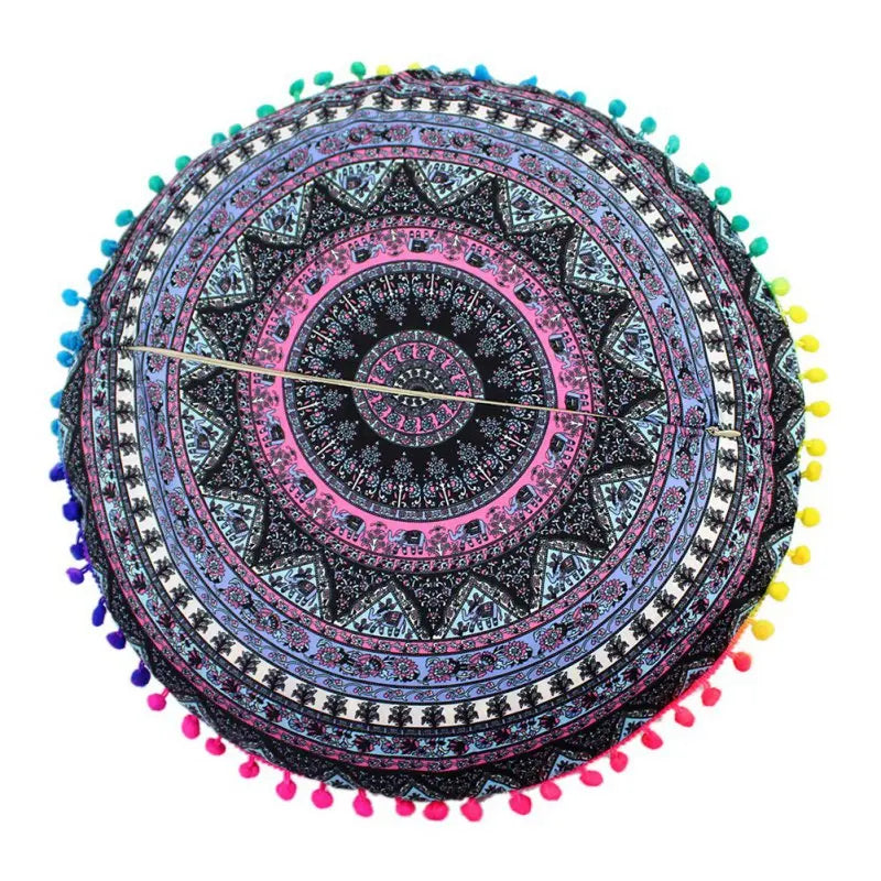 Runder Mandala Kissenbezug – Boho Stil Pouf Kissenhülle im Indianischen Design für Bodenpillow und Dekoration