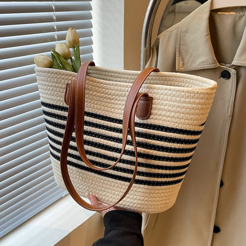 Stylische Streifen-Design Strandtasche aus Stroh – Große Kapazität Boho Handtasche für Shopping & Freizeit