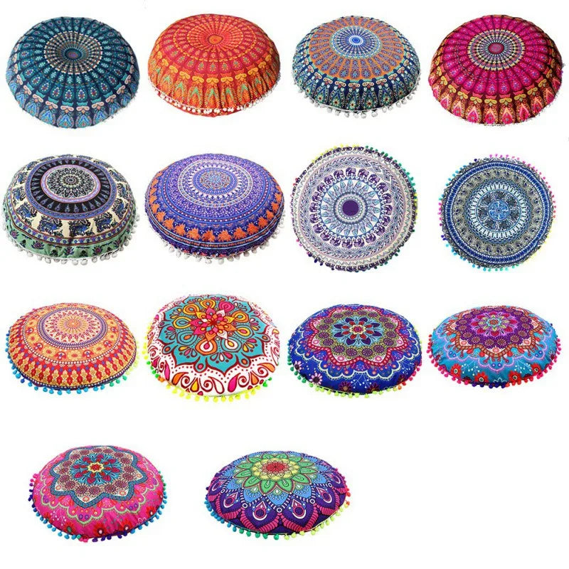 Runder Mandala Kissenbezug – Boho Stil Pouf Kissenhülle im Indianischen Design für Bodenpillow und Dekoration