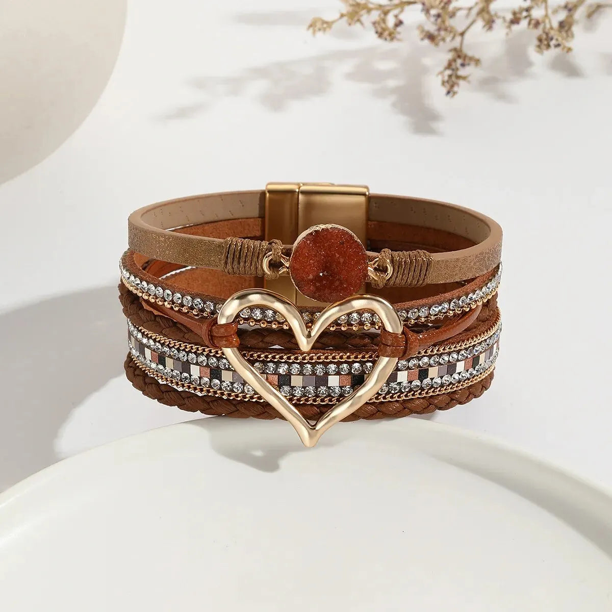 Boho-Lederarmband mit Herz-Charm – Fashion Armband für Damen mit Strass und Resin für Paare