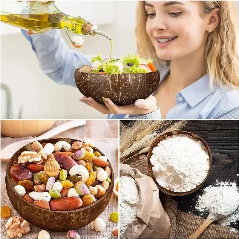 Natürliche Kokosnussschalen Set – 6/1 Stück Holzsalatschalen mit Löffel für Smoothies und Ramen