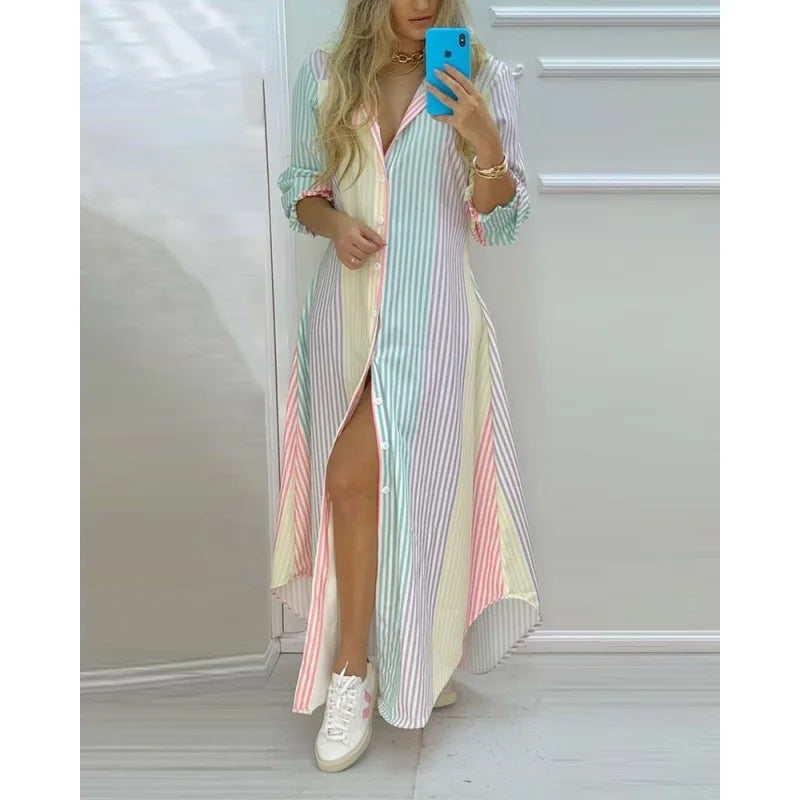 Boho Bedrucktes Maxikleid für Damen – Sommerliches Hemdkleid mit Umlegekragen und langen Ärmeln, Ideal für Party und Freizeit