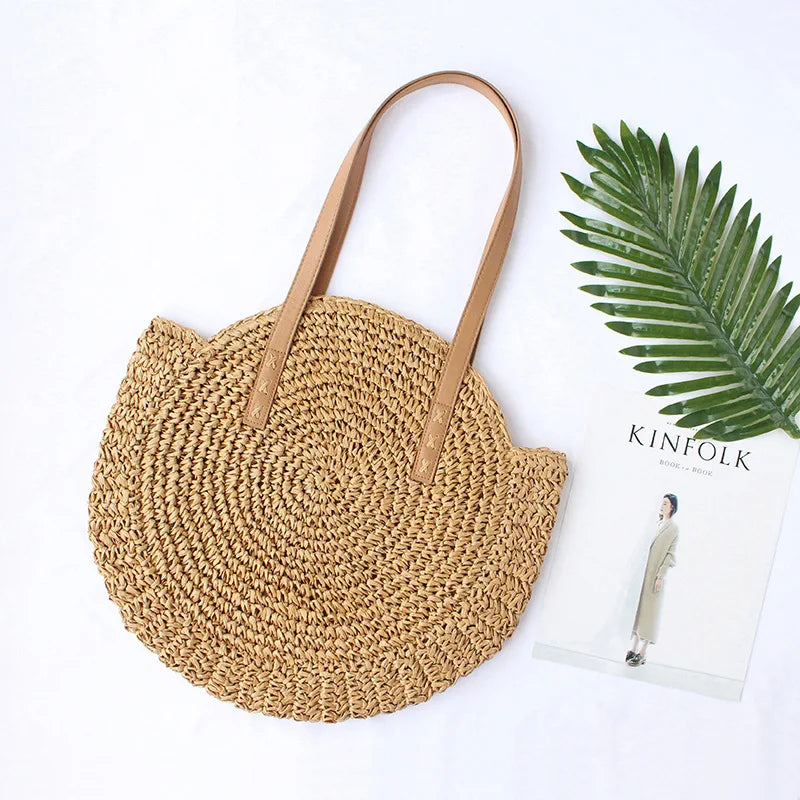 Runde Strohtasche Boho Stil – Handgefertigte Woven Schultertasche aus Rattan für Sommer & Urlaub