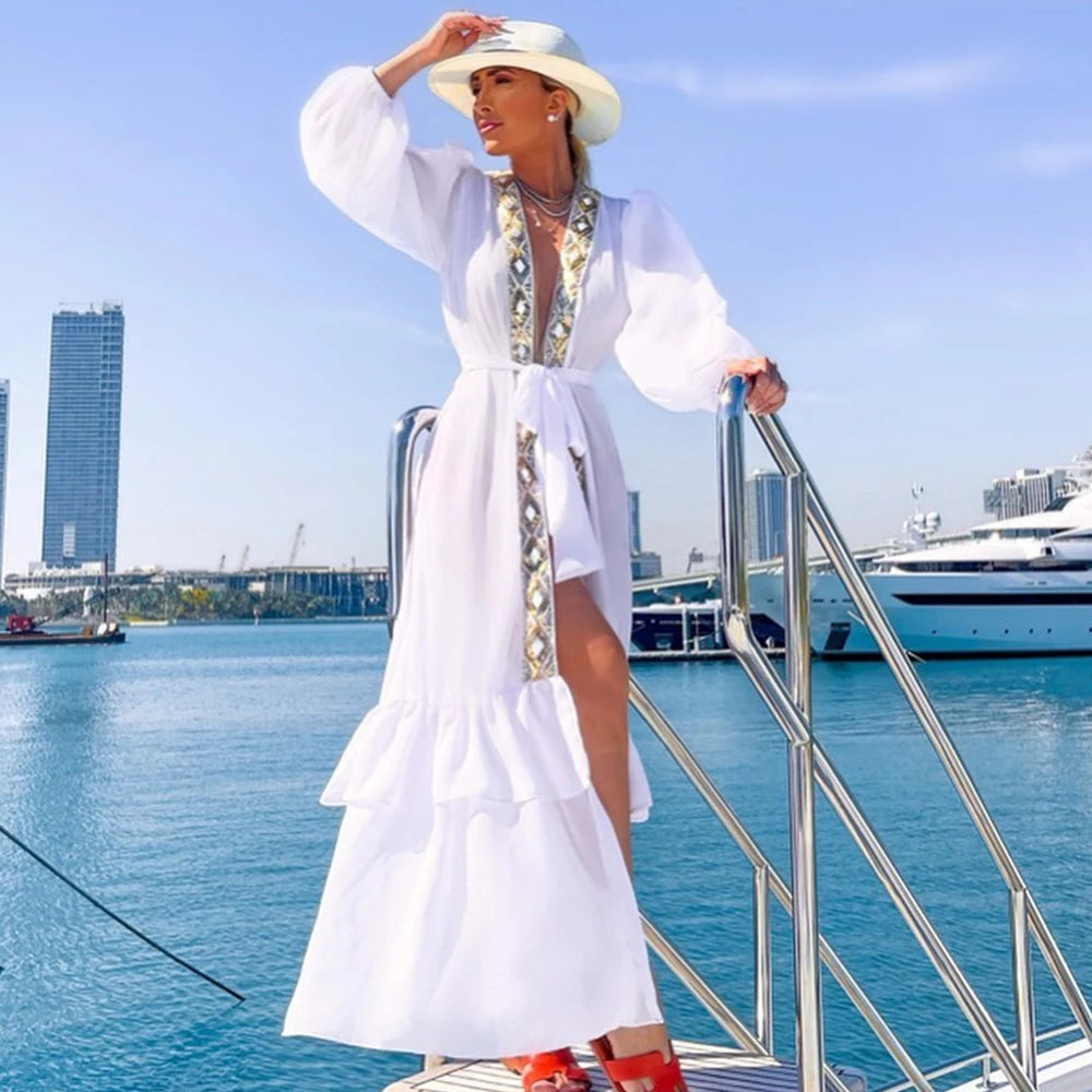 Bikini Beach Cover-Up Tunika mit Blätterdruck – Lange Kaftan Sarong Badeanzug Bedeckung für den Strand