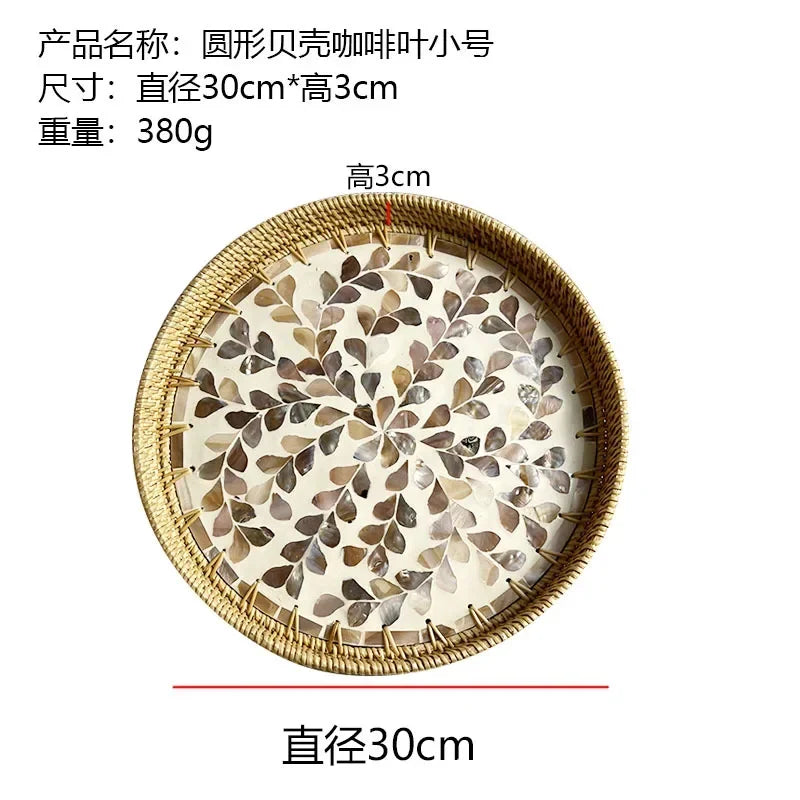 Rattan & Muschel Aufbewahrungstablett – Handgefertigt, Rund, für Wohnzimmer, Picknick und Luxus-Servierplatten