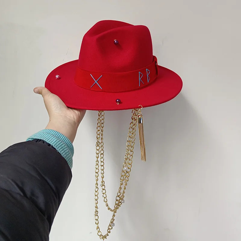 Fedora Hut mit Punk-Perlenkette und DIY Design – Personalisierbare englische Buchstaben Hüte für Männer und Frauen