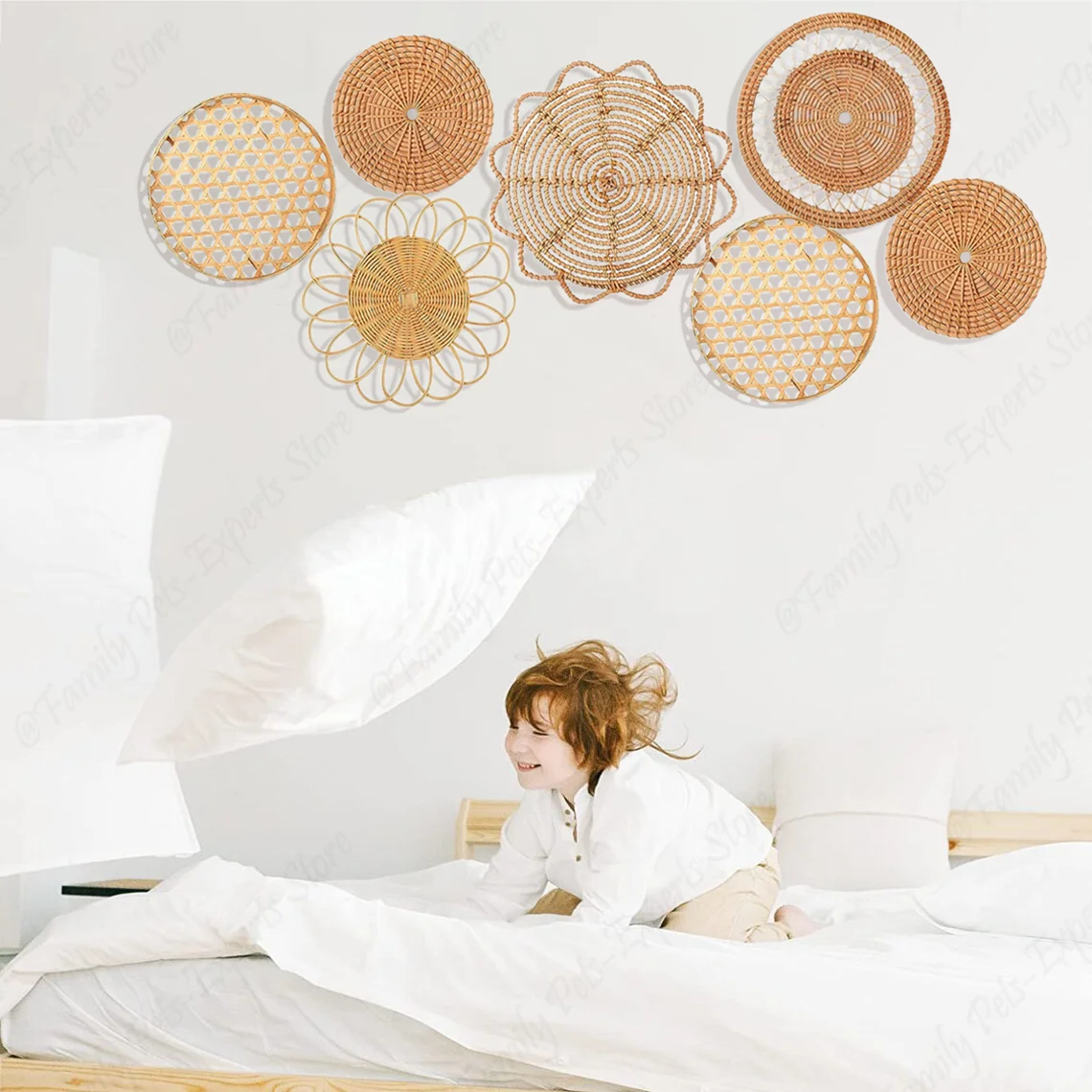 7-teiliges Boho Rattan Wanddekor – Handgewebte Körbe für Schlafzimmer und Landhaus-Dekoration