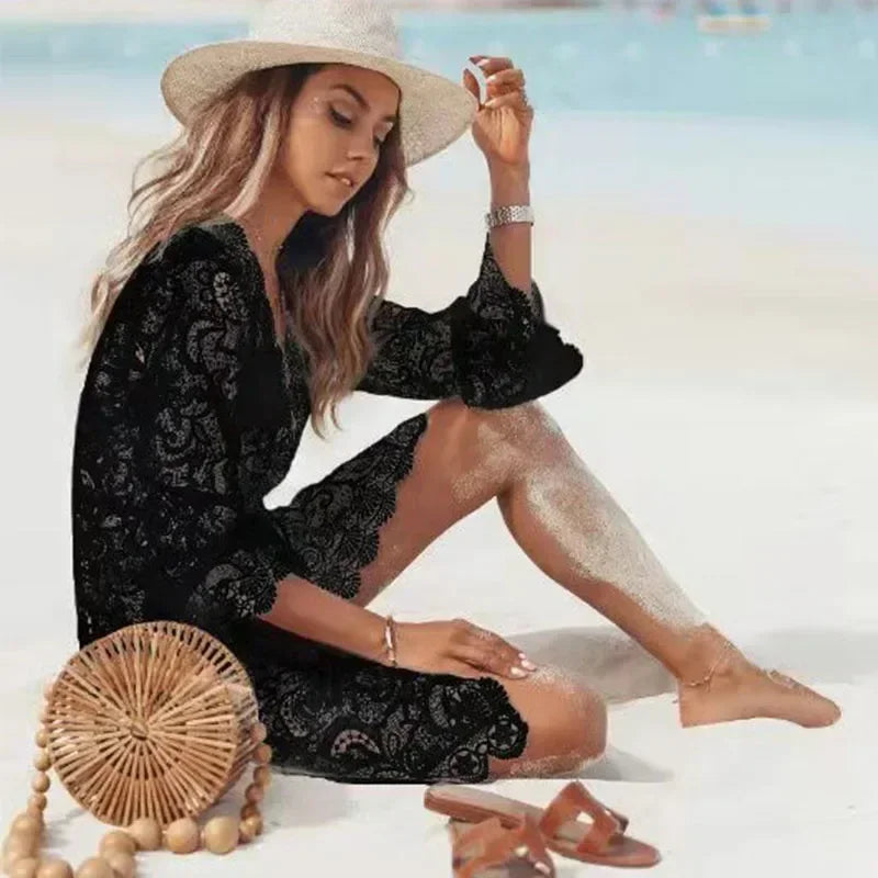 Boho Häkelkleid Weiß – V-Ausschnitt mit Spitzenbesatz, Strandkleid, Tunika, Bikini Cover-Up und Pareo für Damen