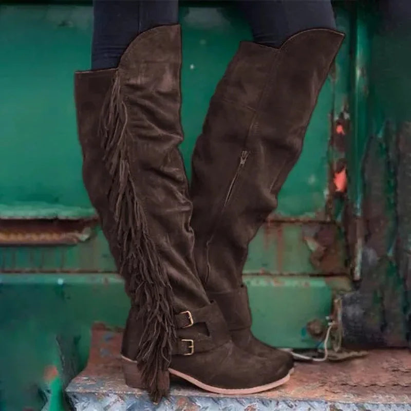 Winter Long Boots mit dicken Absätzen und langen Fransen – Große Größen für Damen