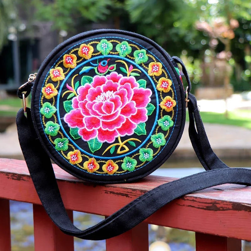 Vintage Boho Ethno Stickerei Rundtasche – Kleine Damen Umhängetasche