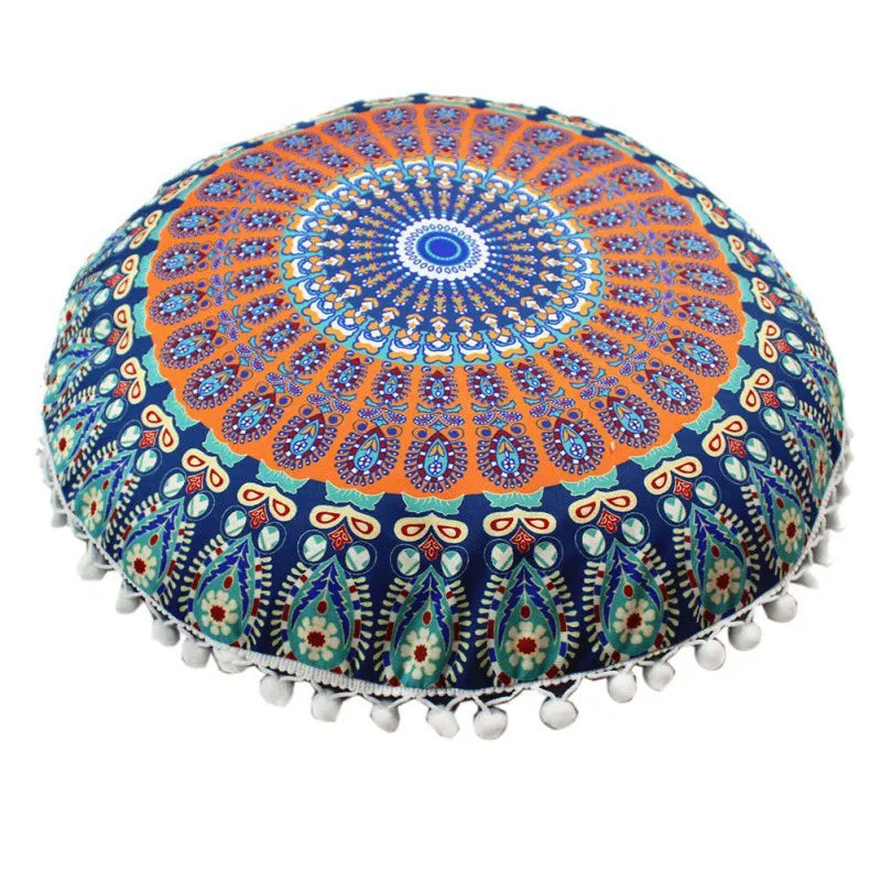 Runder Mandala Kissenbezug – Boho Stil Pouf Kissenhülle im Indianischen Design für Bodenpillow und Dekoration