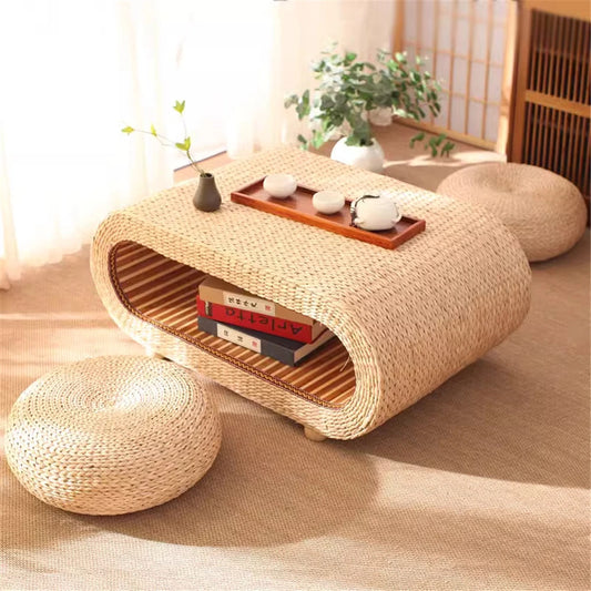Japanischer Stil Couchtisch aus Handgewebtem Rattan – Rechteckiger Tisch für den Bodenbereich im Wohnzimmer
