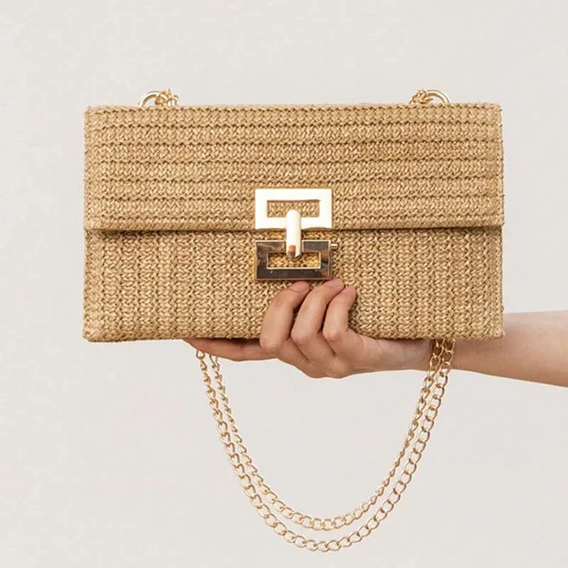 Boho Woven Beach Bag – Sommerliche Rattan Clutch und Schultertasche im Envelope-Design