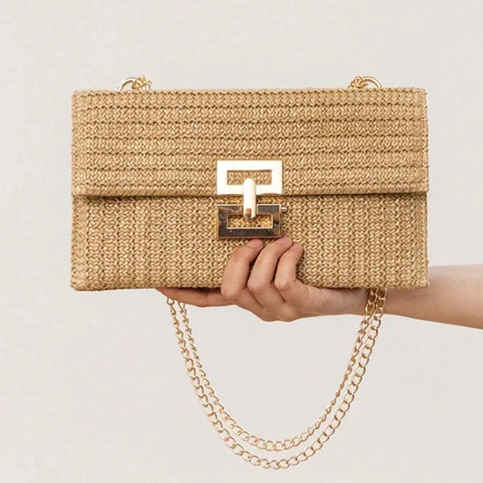 Boho Woven Beach Bag – Sommerliche Rattan Clutch und Schultertasche im Envelope-Design