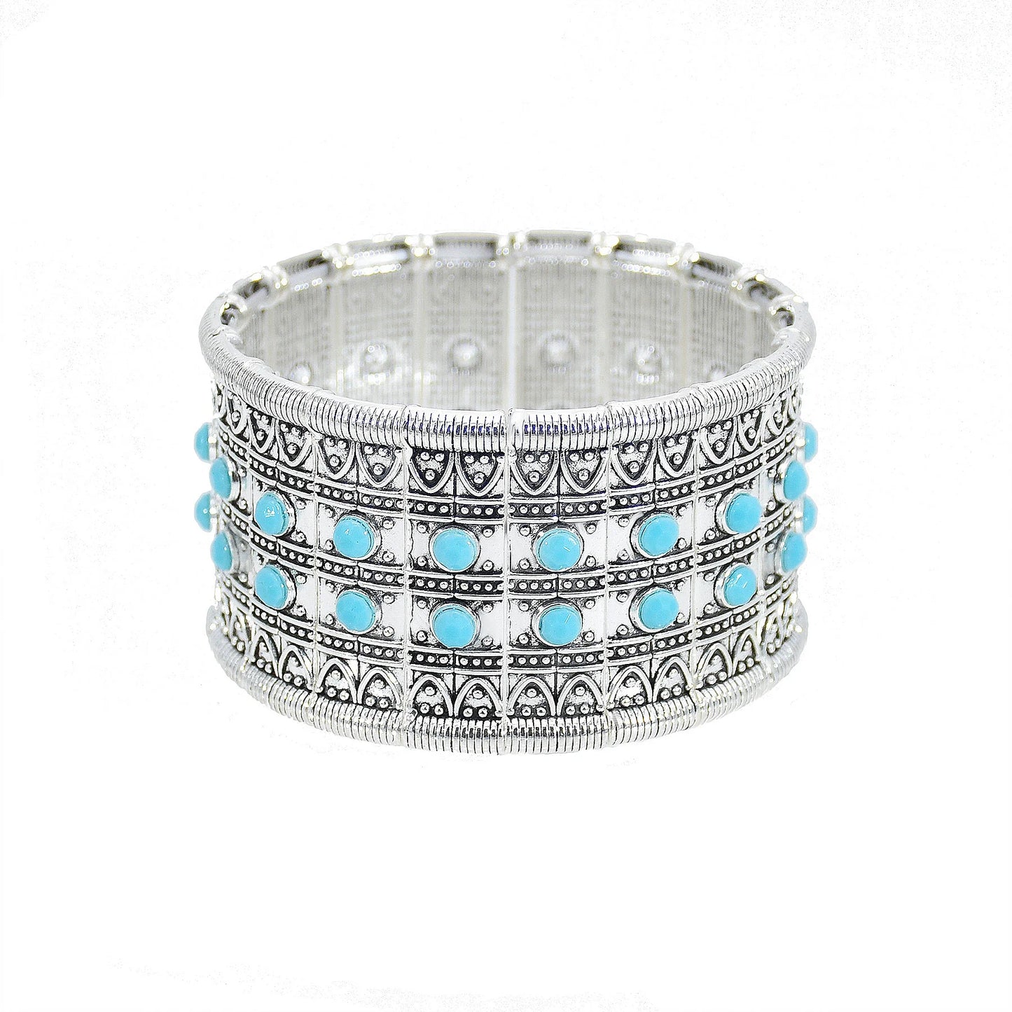Gypsy Tribal Tibetan Bracelet für Damen & Herren – Boho Vintage Silber Turquoise Elastisches Bangle – Afghanisches, Türkisches, Ethnisches Indisches Schmuckstück