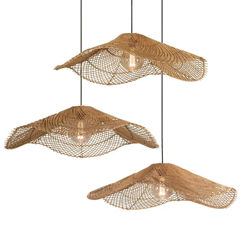 Retro Rattan Pendelleuchte – Chinesischer Stil, Rattan Strohhut-Lampe für Restaurant, Café, Esszimmer und Loft
