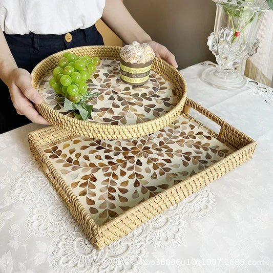 Rattan & Muschel Aufbewahrungstablett – Handgefertigt, Rund, für Wohnzimmer, Picknick und Luxus-Servierplatten