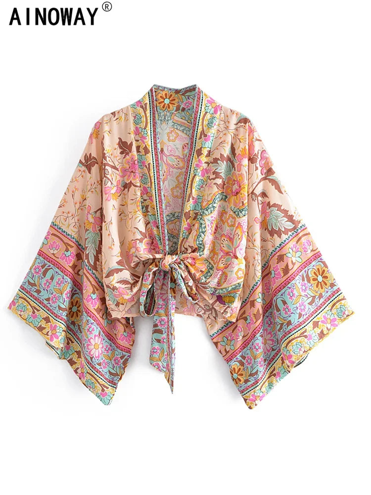 Boho Chic Vintage Peacock Floral Print Kimono für Damen – Batwing Ärmel Strandrobe aus Rayon und Baumwolle